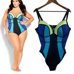 City Chic Aqua Size 18 Color Block Underwire One Piece Vacation NEW Swimsuit
